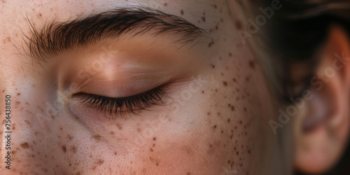 close portrait of a woman with sun damaged freckles skin photo