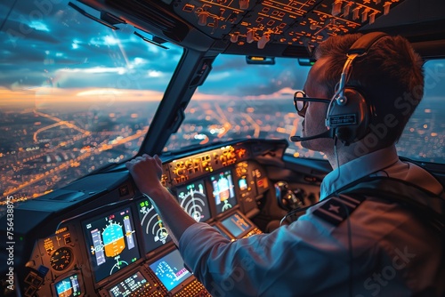 Pilot in cockpit reviewing flight data during twilight