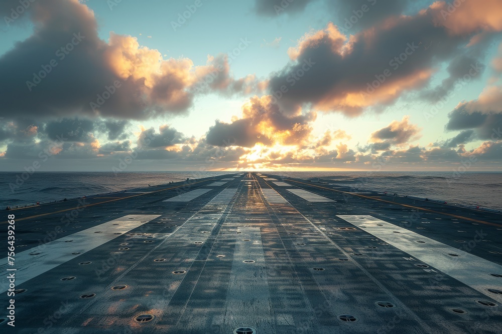 Sunset over empty aircraft carrier deck with dramatic sky