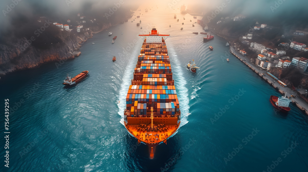 Aerial top view of cargo maritime ship with contrail in the ocean ship carrying container and running for export concept technology freight shipping by ship forwarder mast
