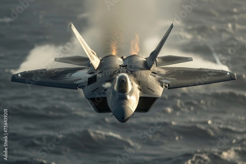 F-22 Raptor in powerful takeoff over clear deck, demonstrating air force strength