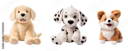 Cartoon 3D Illustration of a Set of Colorful Corgi and Dalmatian Stuffed Animal Toys, Isolated on Transparent Background, PNG