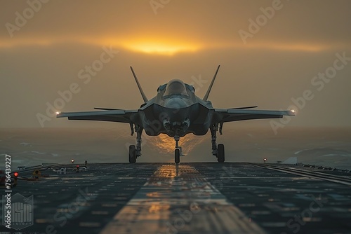 F-35 fighter jet performing a precision landing at sunset on an aircraft carrier photo