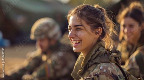 Joyful female soldier sharing a laugh with military colleagues during downtime photo