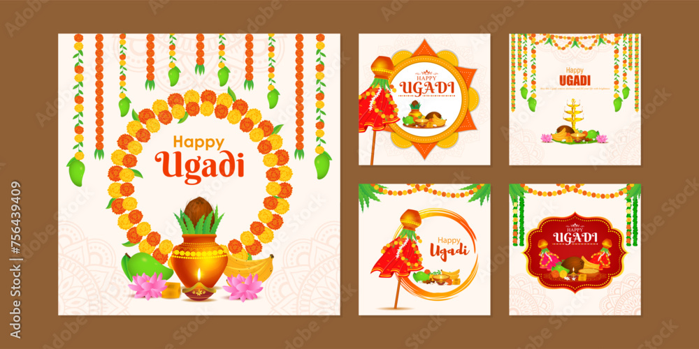 Vector illustration of Happy Ugadi social media feed set template