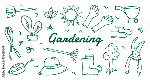 Doodle garden vector set with shovel, glove, hat, boots, basket, pulverizer, boots, pruning shears. etc. Hand drawn spring or summer equipments for work at the nature