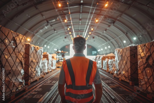 Focused airport staff supervising cargo loading process in a well-organized hangar