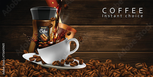 Coffee  advertising design. Cup of coffee with splash effect and coffee jar. 3D vector. High detailed realistic illustration.