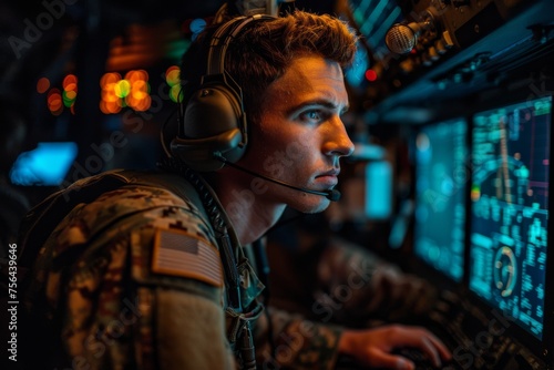 Focused military operator analyzing data on screens in a high-tech environment