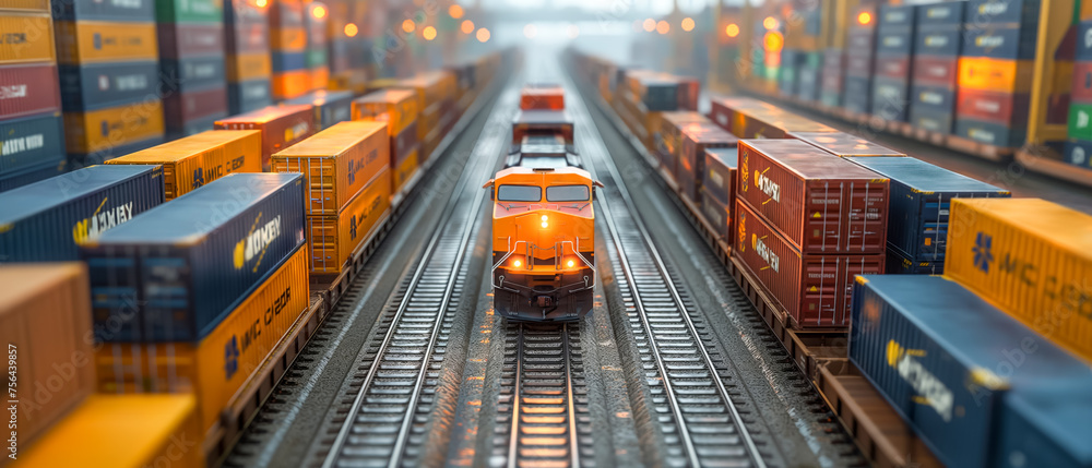 A freight train glides between rows of cargo containers, mirroring the precise synchronization of global shipping operations - obrazy, fototapety, plakaty 