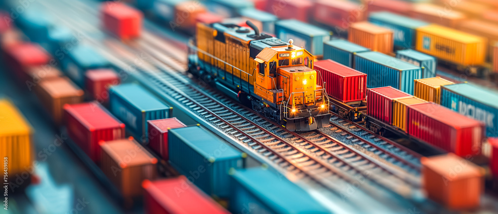 An orange freight train navigates through a maze of colorful containers, a testament to the organized chaos of rail logistics An orange freight train navigates through a maze of colorful containers, a testament to the organized chaos of rail logistics