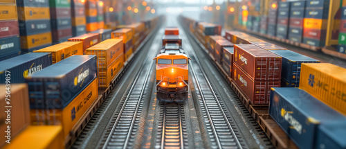 A freight train glides between rows of cargo containers, mirroring the precise synchronization of global shipping operations