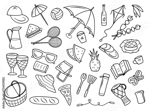 Picnic doodle set with summer hand drawn elements. Outdoor family lifestyle with barbecue in the garden with food and drink