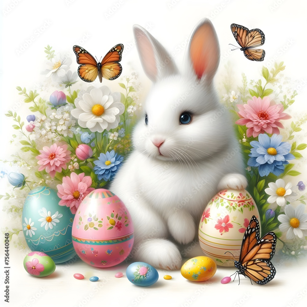 Easter Holiday, Cute Cheerful bunny surrounded by painted Easter eggs, butterflies flying around, warm shades with flowers. Brightly colored Easter eggs laid out among flowers, butterflies fly around,