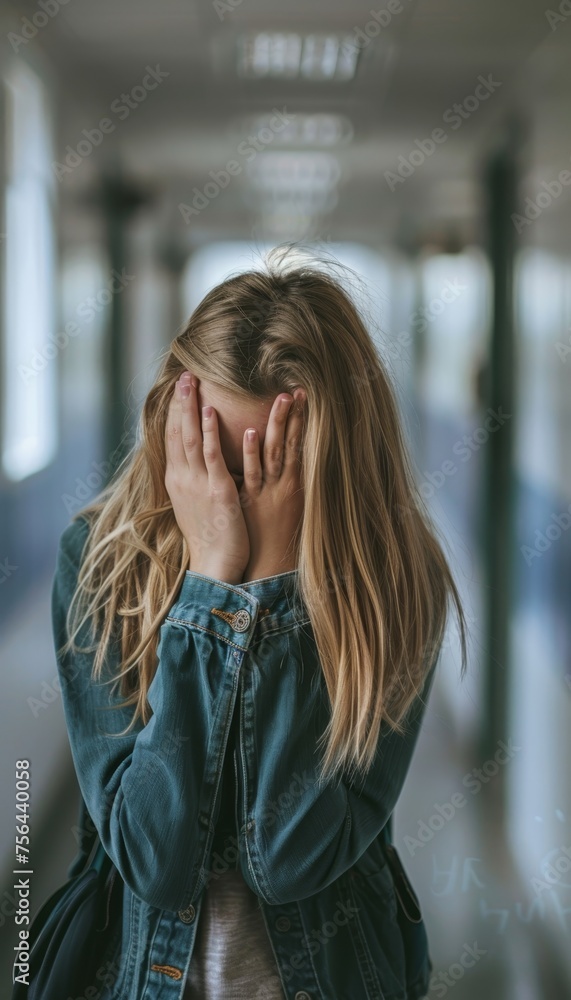 Teenage girl crying, corridor background, text space, education challenges, learning difficulties