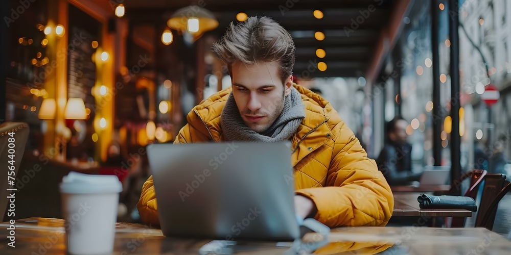 A focused young man using his laptop in a cozy cafe . Concept Cafe Scene, Focused Work, Laptop Use, Cozy Environment A focused young man using his laptop in a cozy cafe . Concept Cafe Scene, Focused Work, Laptop Use, Cozy Environment