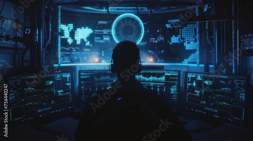 "Man Engaged with Advanced Technology: A Scene of Computer Renderings and Holographic Displays"
