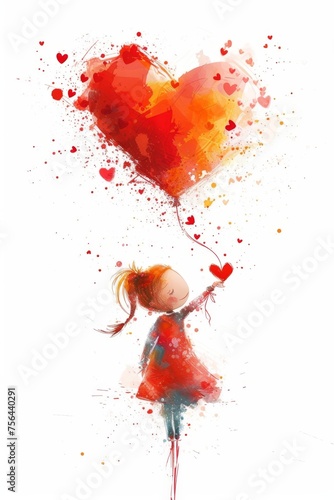 A girl with balloons in the form of hearts on a white background. Illustration