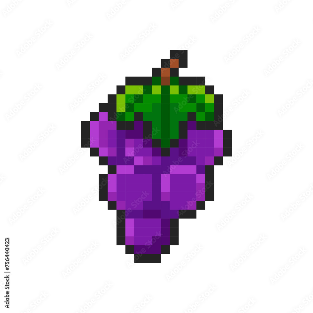 Fototapeta premium Pixel purple grape isolated on white background. Bunch of grapes. Pixelated sticker. Slot machine or video game item. Fruit icon. Vector pixel art illustration in 8 bit old style.