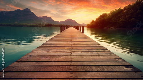 Vacation and Holiday concept - Wooden pier between sunset Generative AI © Adobe