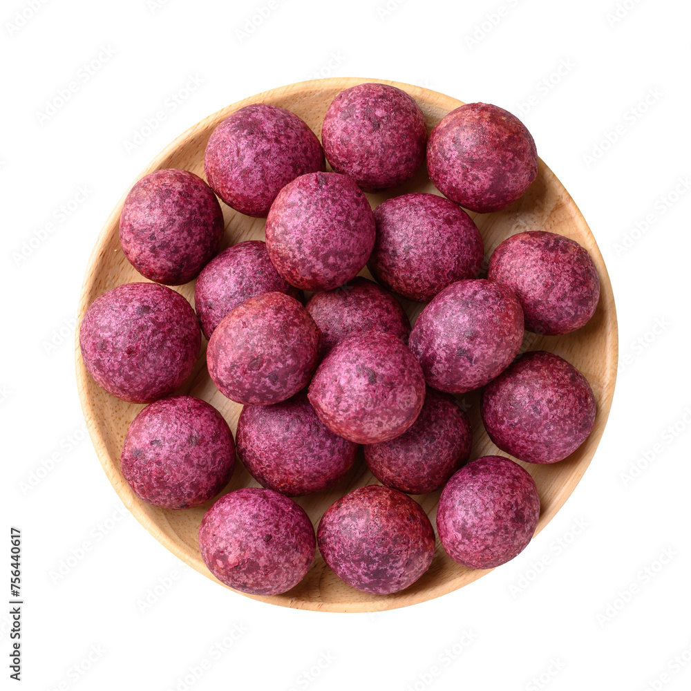 Deep fried purple sweet potato balls, Thai street food, Top view Deep fried purple sweet potato balls, Thai street food, Top view