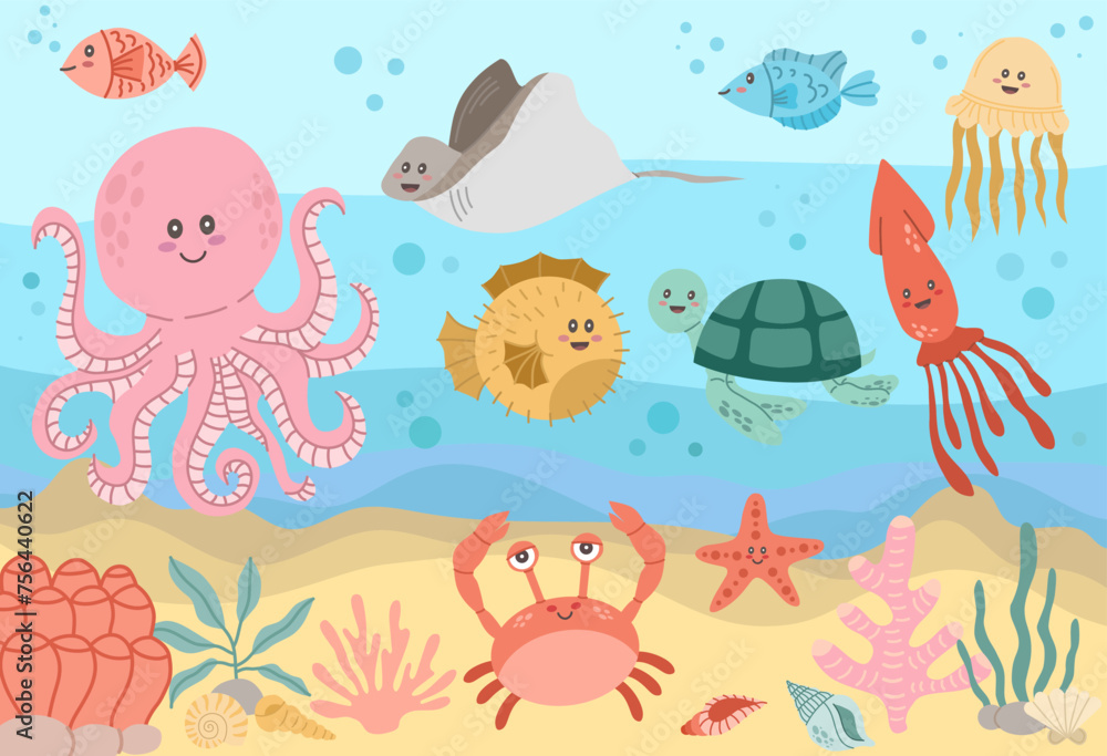 Sea animals in a seascape with corals and sand. Octopus, turtle, jellyfish, fish, stingray and other animals. Vector flat style illustration Sea animals in a seascape with corals and sand. Octopus, turtle, jellyfish, fish, stingray and other animals. Vector flat style illustration