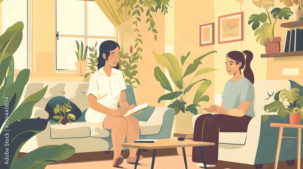Two women having a peaceful conversation in a cozy room full of plants. relaxed home environment. calm dialogue setting. AI Two women having a peaceful conversation in a cozy room full of plants. relaxed home environment. calm dialogue setting. AI