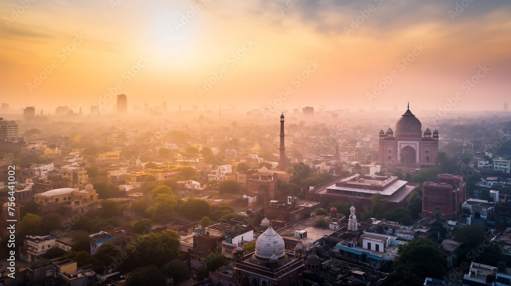 Misty Morning at Delhi's Red Fort, Morning mist surrounds the historical Red Fort in Delhi - obrazy, fototapety, plakaty 
