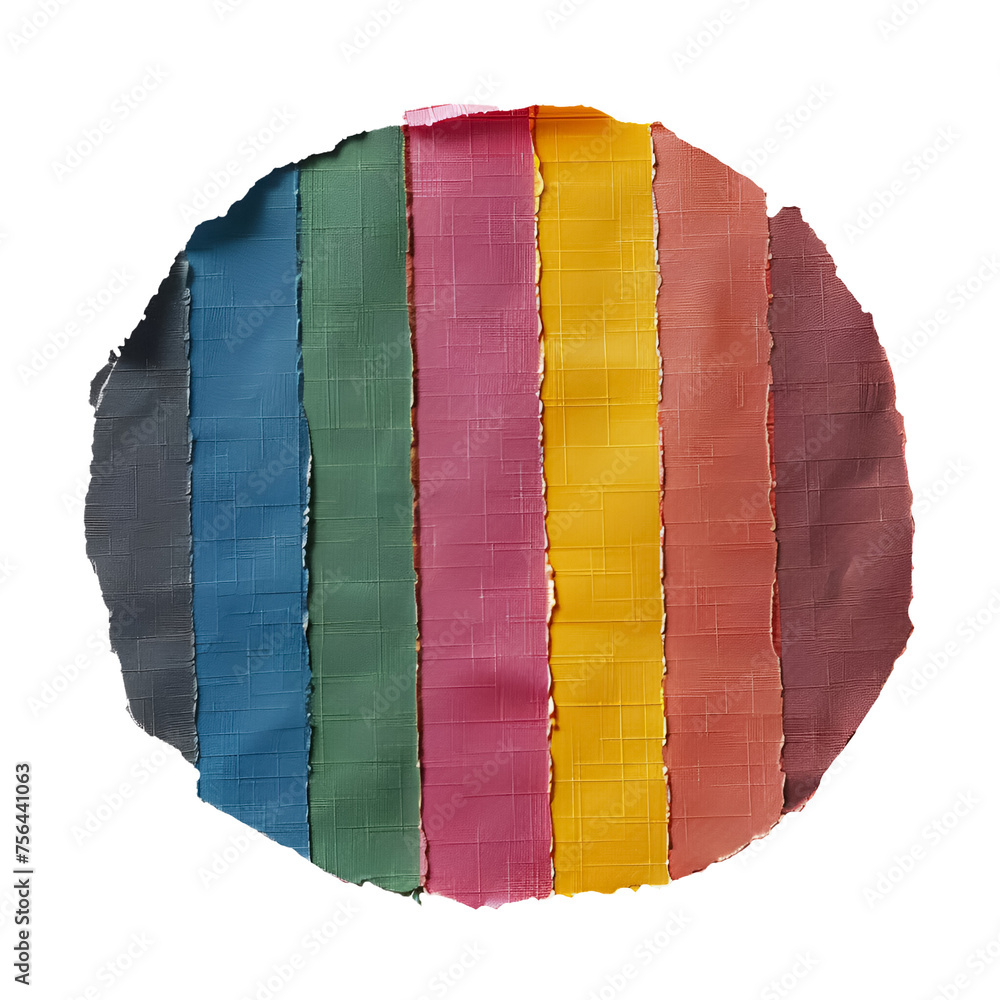 A flat circular piece of cloth with seven vertical stripes in the colors red, orange, yellow, green, blue, purple and black. The background is white. It's a flat illustration with soft edges. - obrazy, fototapety, plakaty 