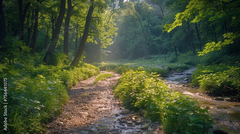 Obraz premium Stream Flowing Through Lush Green Forest