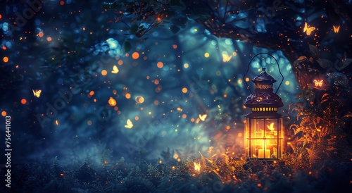 Lantern Illuminating Forest at Night