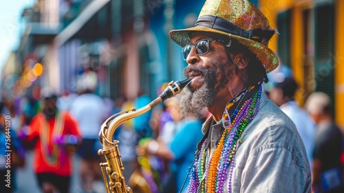 Street Musician Playing Saxophone at a Vibrant Outdoor Festival with Colorful Beads and Festive Atmosphere