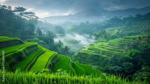 Breathtaking Scenic View of Misty Green Rice Terraces in Lush Valley with Rolling Hills at Sunrise