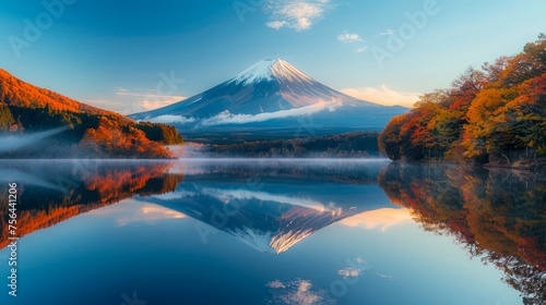 Serene Autumn Lake View with Majestic Mount Fuji Reflection during Sunrise in Japan
