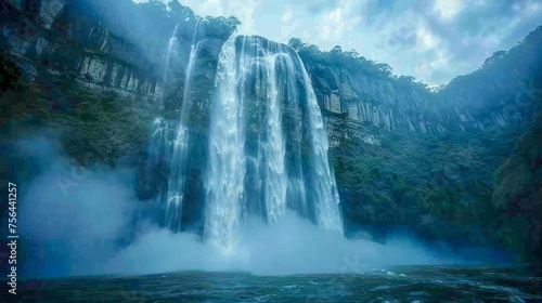 Majestic Waterfall Cascading Down Rocky Cliffs Surrounded by Lush Greenery and Mist