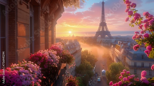Enchanting Sunrise over Paris with View of Eiffel Tower from Flower-Adorned Balcony, Scenic Urban Landscape