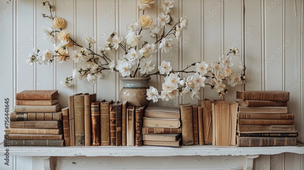 Fototapeta premium White Shelf With Books and Vases of Flowers