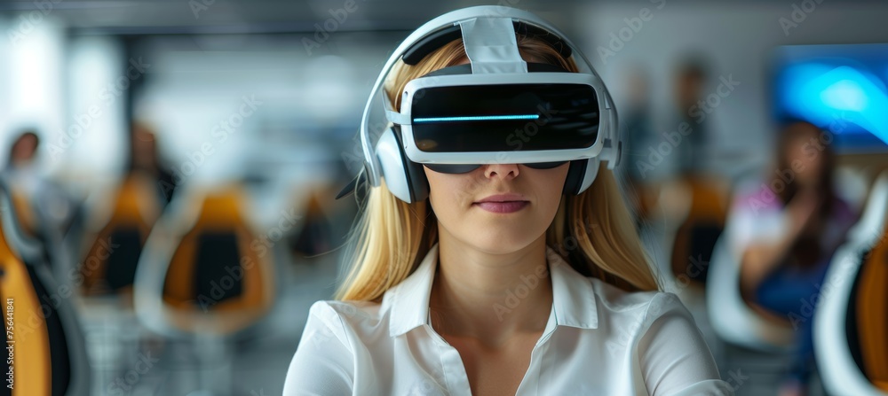 Virtual reality driving school exam with woman in car simulator mastering virtual machine. Virtual reality driving school exam with woman in car simulator mastering virtual machine.