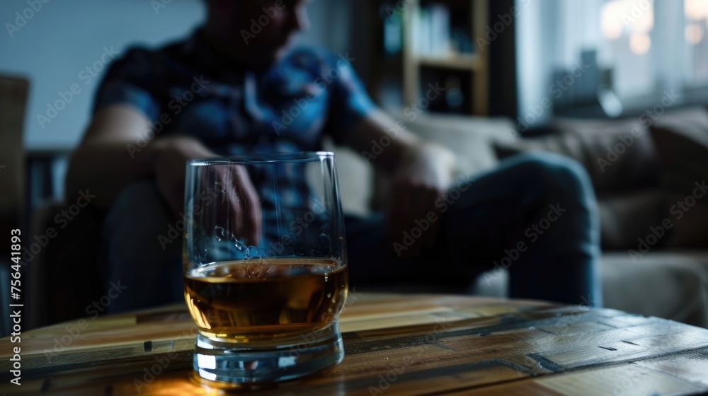 Stop no alcohol addiction concept. Person try to solve problem with alco. Glass of whiskey on table. Depressed alcoholic man indoor. Alcoholism problem. Bad unhealthy habit. Upset unhappy lonely guy.