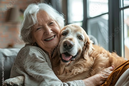 Portrait of a happy senior women sitting in her room at home with her favorite dog on a sunny day, the love and friendship between an elderly person and an animal. © Robert