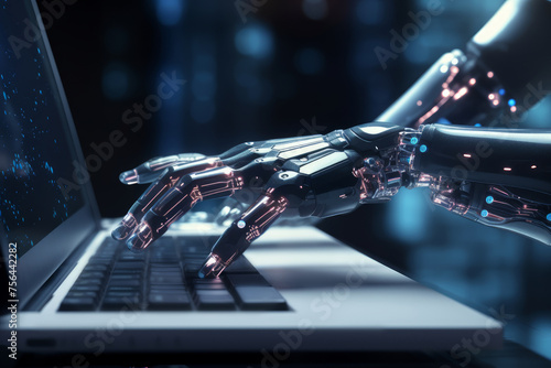 A robotic hands are typing on a laptop. Artificial intelligence concept. Future of Technology. 