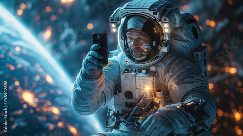 Space exploration concept with a cosmonaut using a smartphone, against a backdrop of glowing cosmic lights and particles