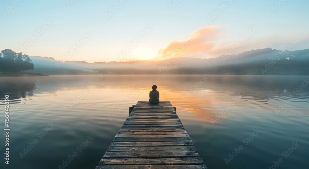 A person sitting on the end of an old wooden dock - obrazy, fototapety, plakaty 