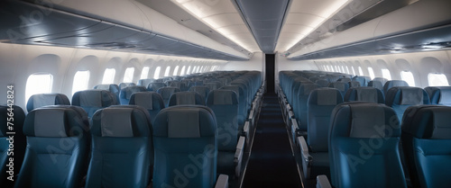 The aircraft's cabin has empty passenger seats.