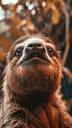 Close up view of a brown and white sloth in its natural habitat, showcasing its unique fur patterns and slow movements.