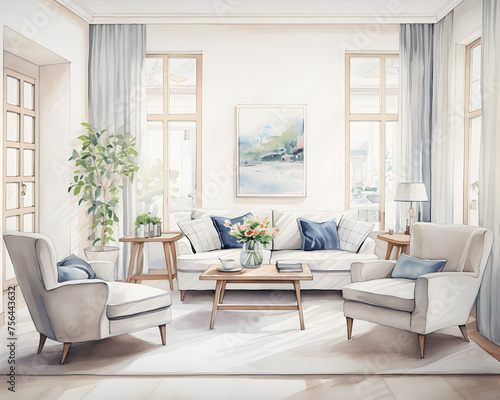 Luminous room with a bright sofa and a houseplant and large windows in the interior. Scandinavian interior design of a modern living room. Drawing in watercolour colours.
