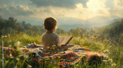 A young child is sitting on a blanket in a field, reading a book. The scene is peaceful and serene, with the sun shining down on the grass and the child enjoying the outdoors