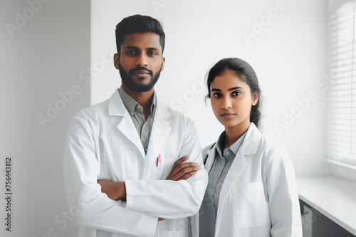 Male doctor and female doctor in medical uniform in the ward room photo
