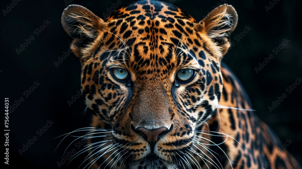 Obraz premium A close-up view of a leopards face, showcasing its striking blue eyes and distinctive facial markings.