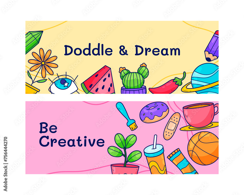 Flat cartoon hand drawn doodle banner set Flat cartoon hand drawn doodle banner set